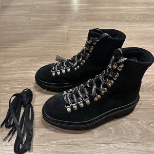 New All Saints Wanda Shearling Black Suede Hiking Combat Boots Size 36
